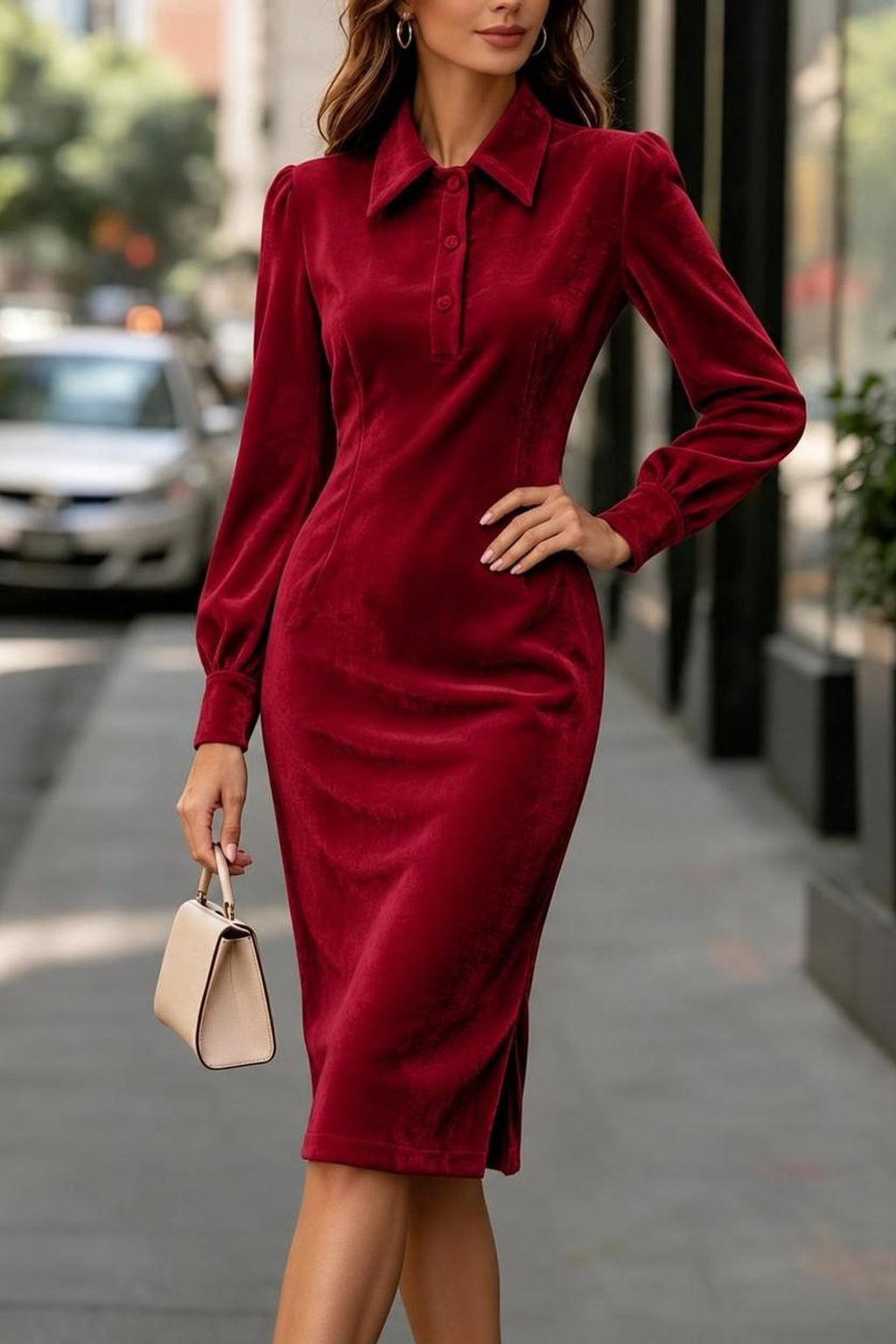 Velvet Midi Dress With Puff Shoulders - 3