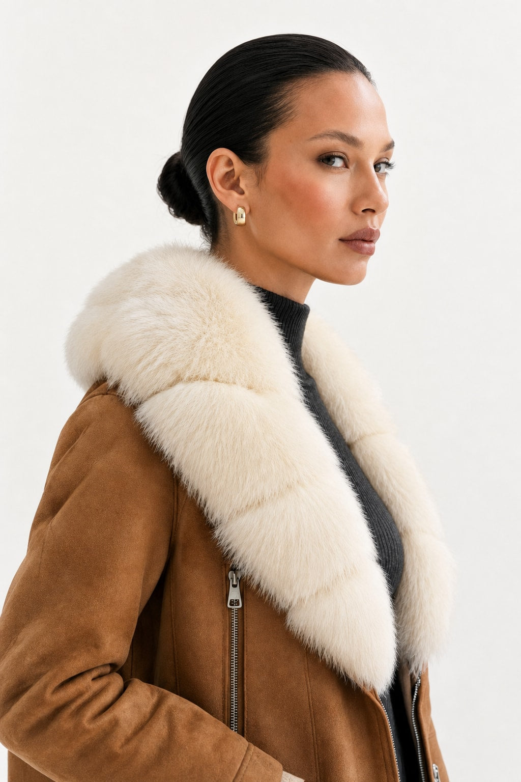 Suede Moto Jacket With Fur Collar - 5