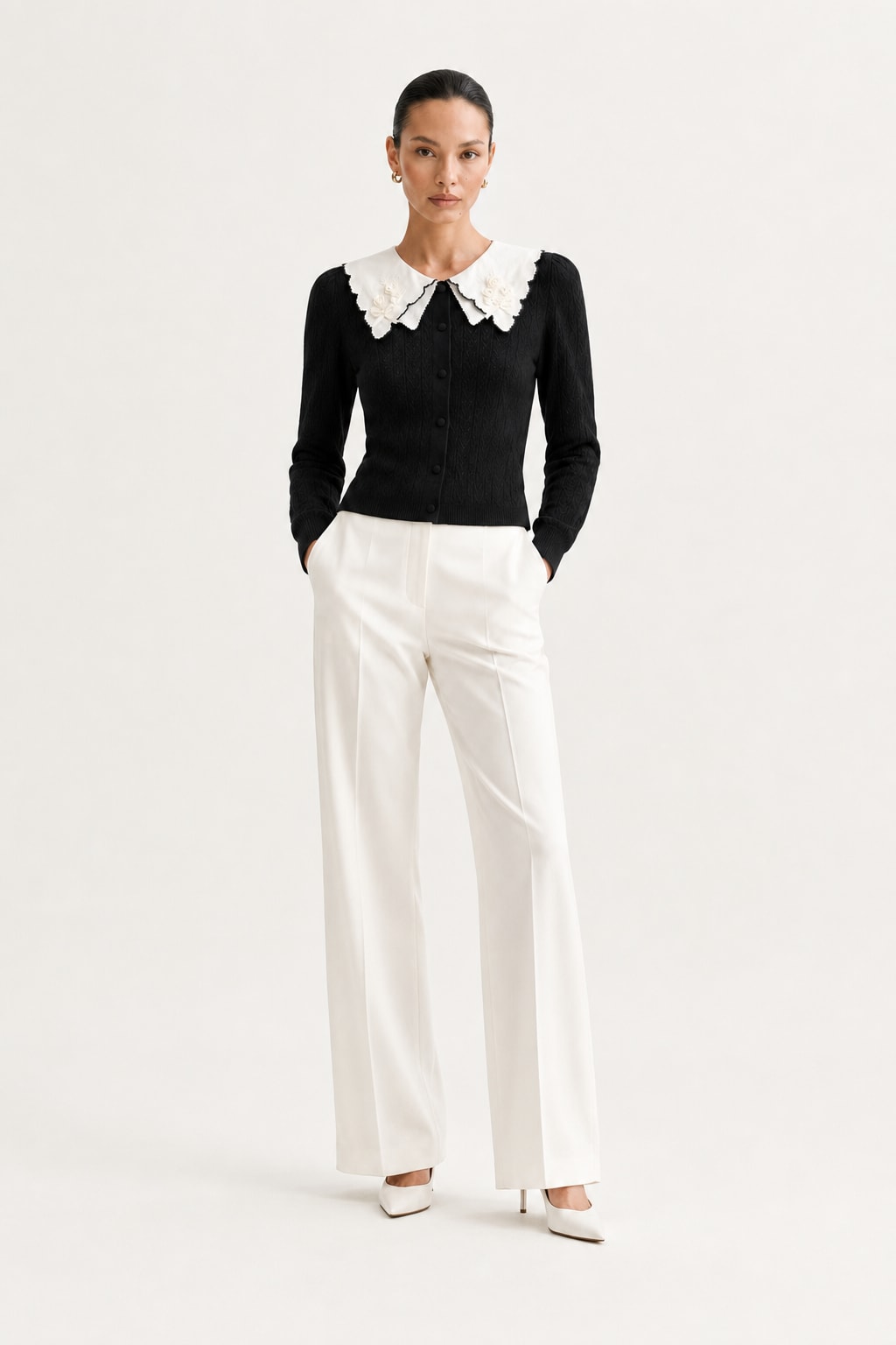 Cotton Viscose Knit Cardigan With Floral Embroidered Collar - 3