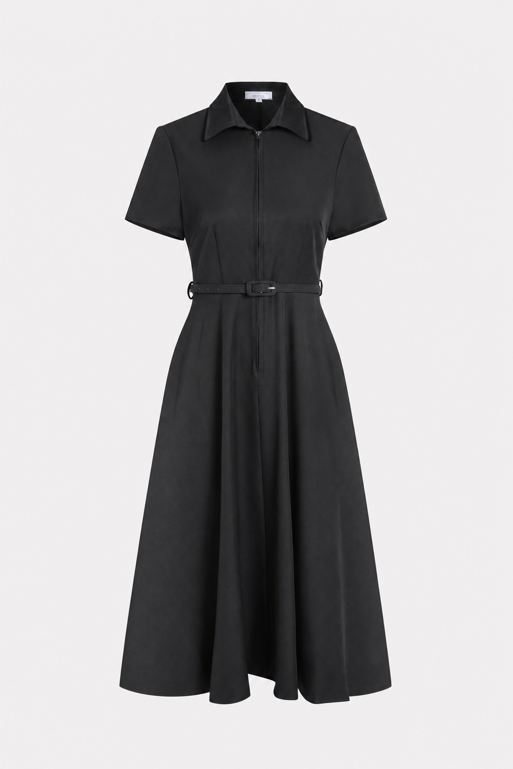 Black Belted A-Line Midi Dress with Sleeves