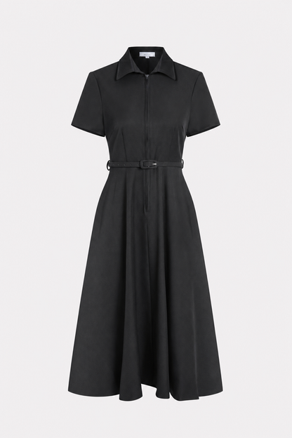 Black Belted A-Line Midi Dress with Sleeves