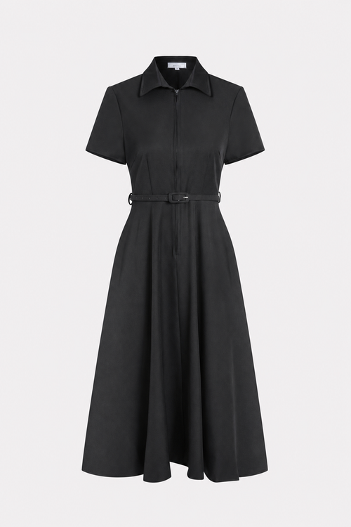 Black Belted A-Line Midi Dress with Sleeves