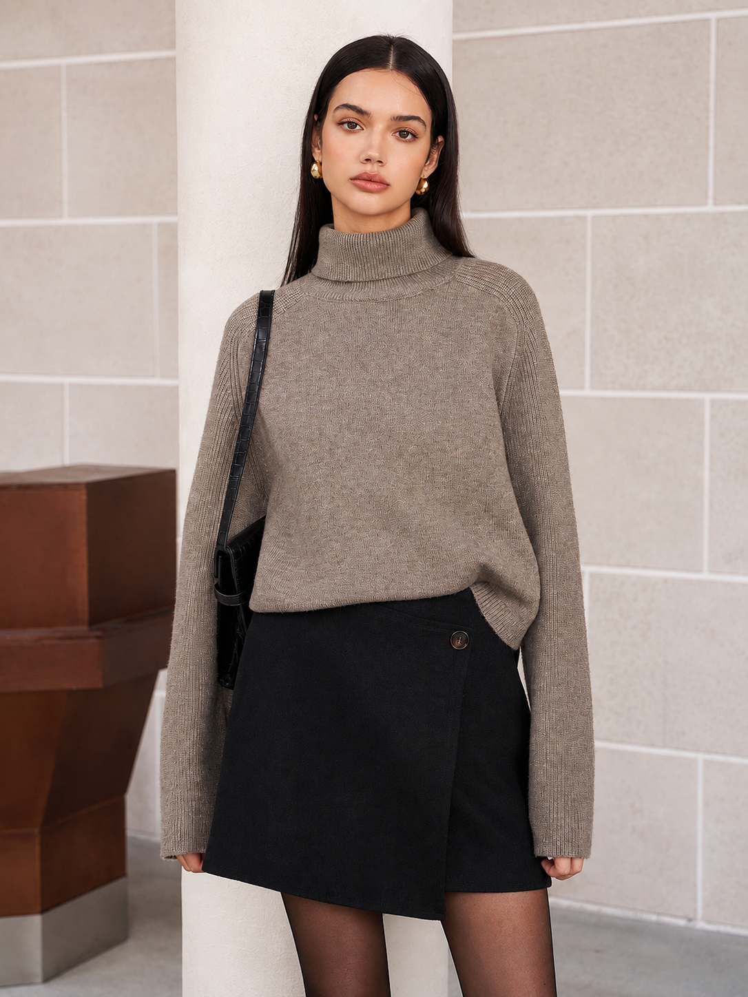 Brown Ribbed Knit Turtleneck Sweater - 7