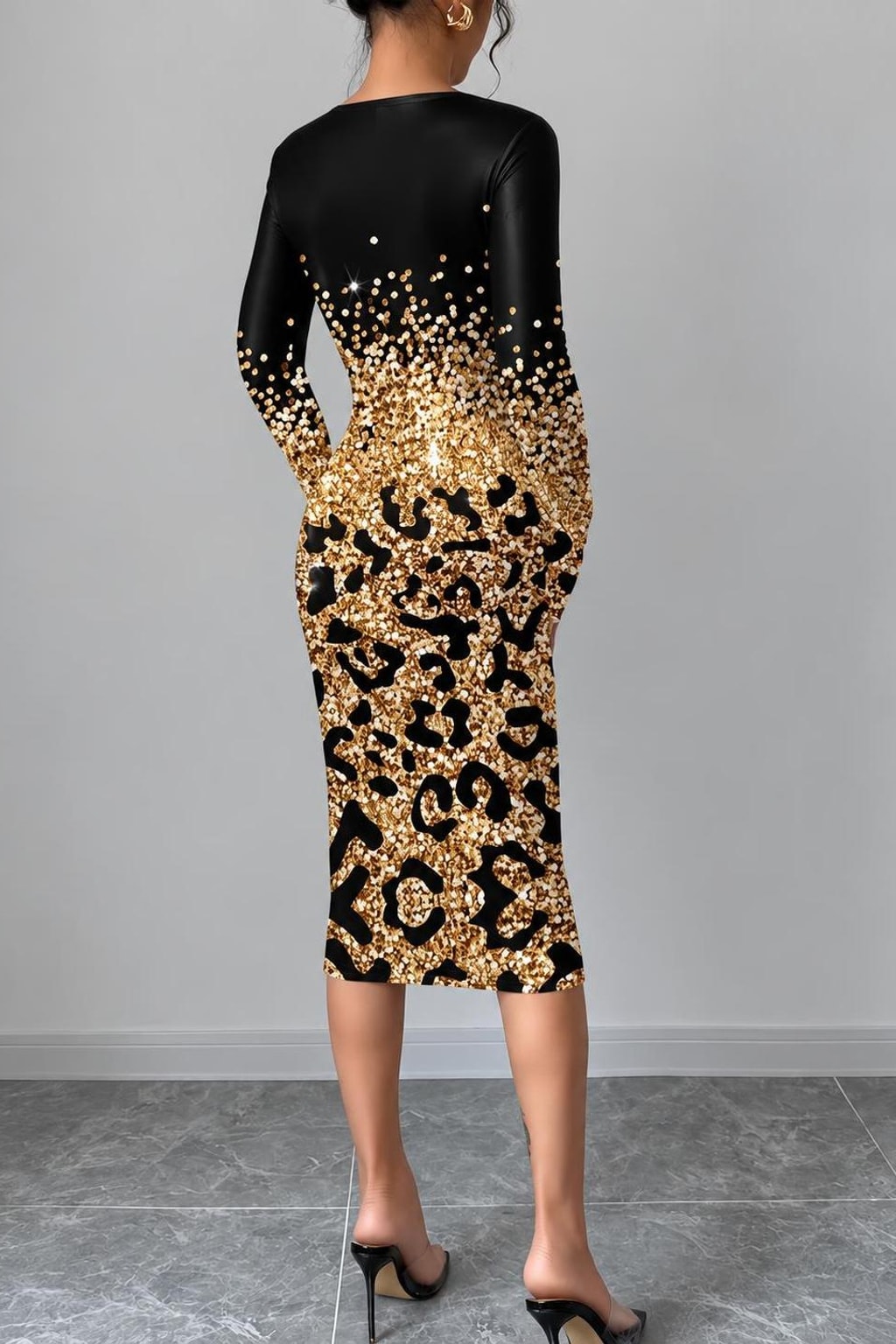 Polyester Bodycon Midi Dress With Leopard Print Panel - 4