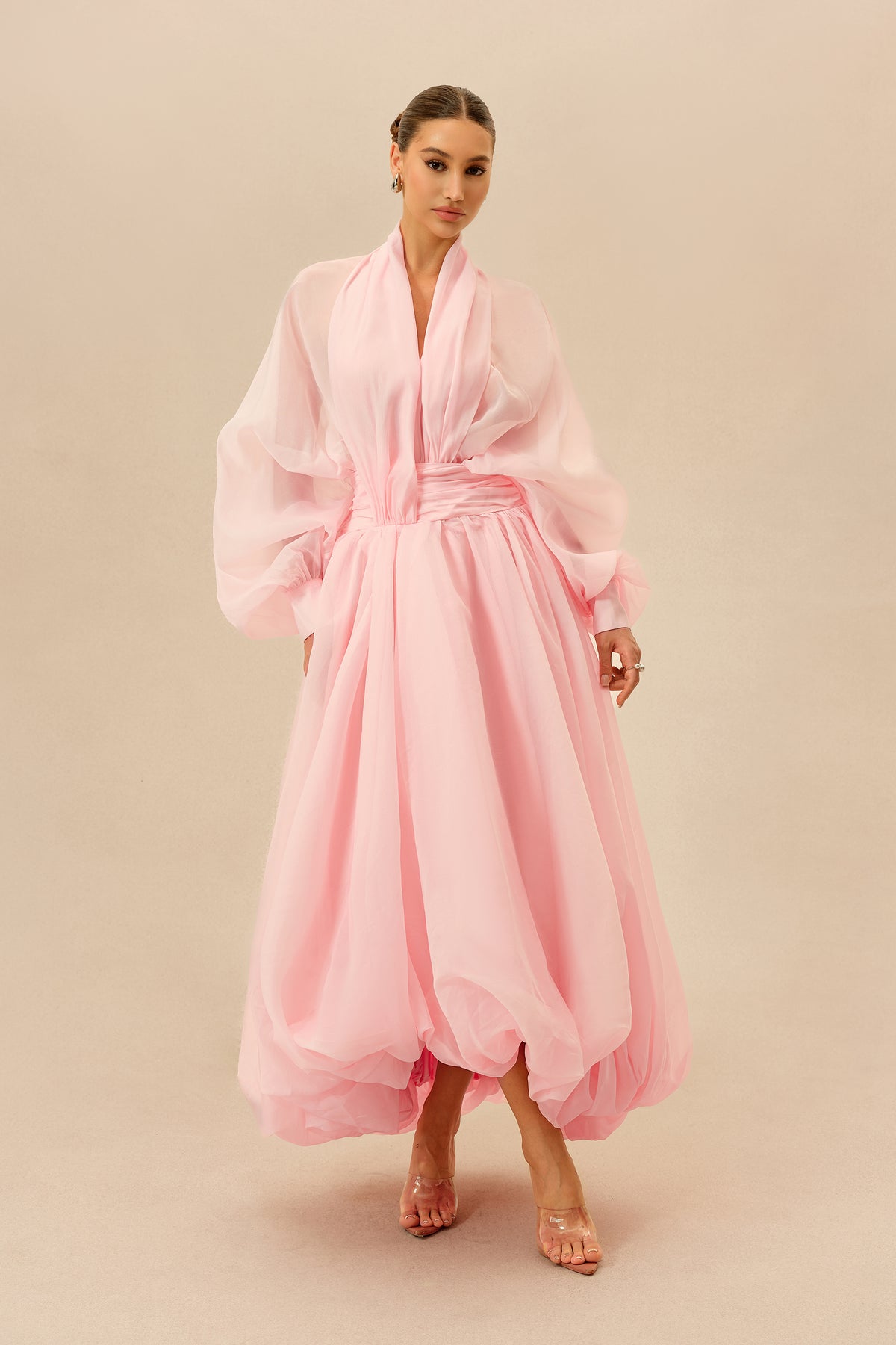 Pink V-neck puff sleeve organza maxi dress - view 2