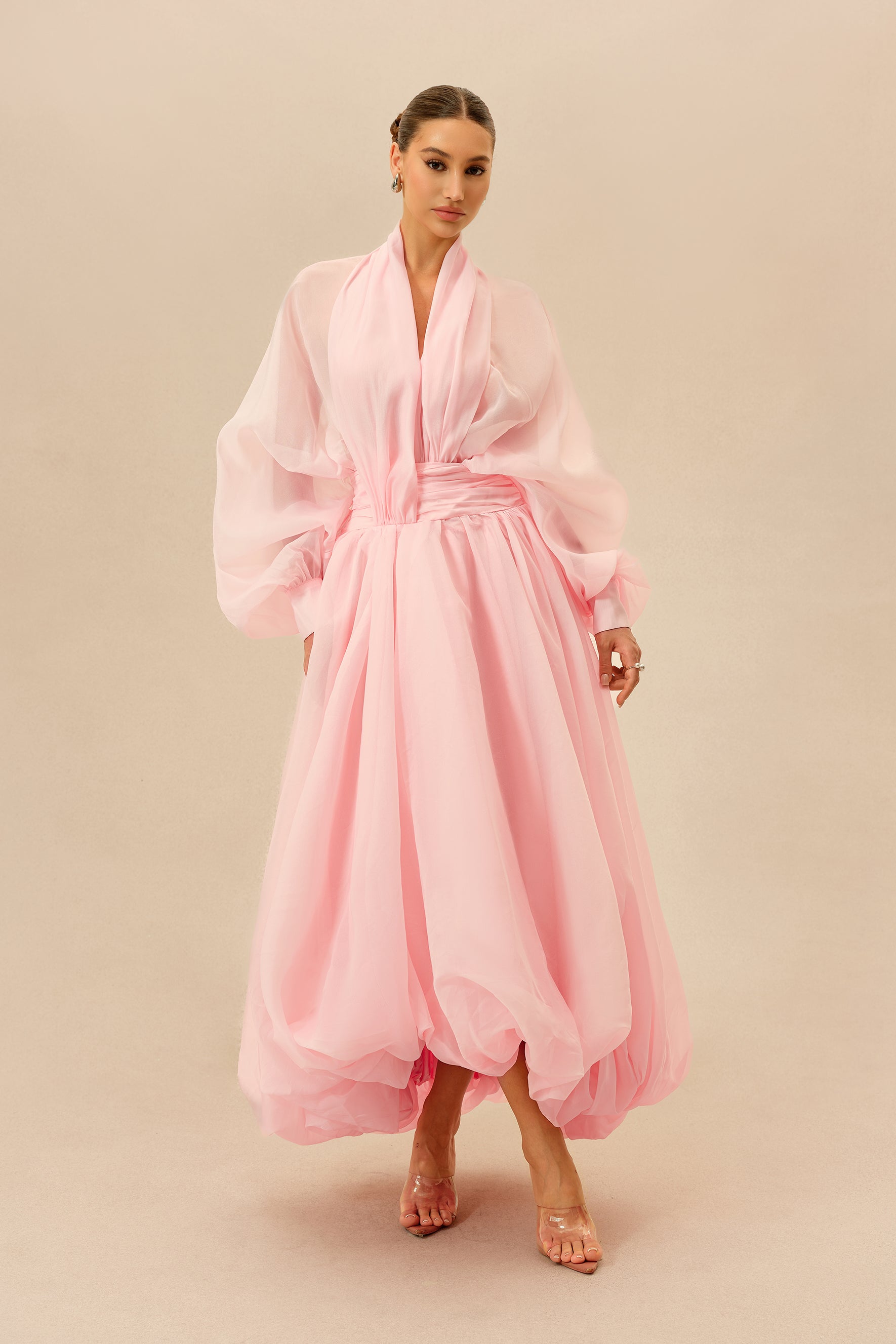 Pink V-neck puff sleeve organza maxi dress - view 2