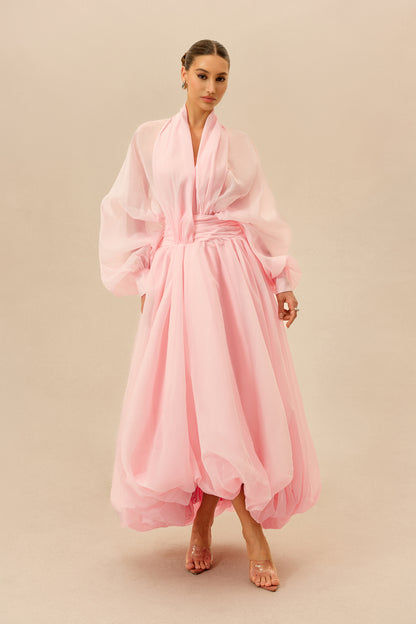 Pink V-neck puff sleeve organza maxi dress - view 2