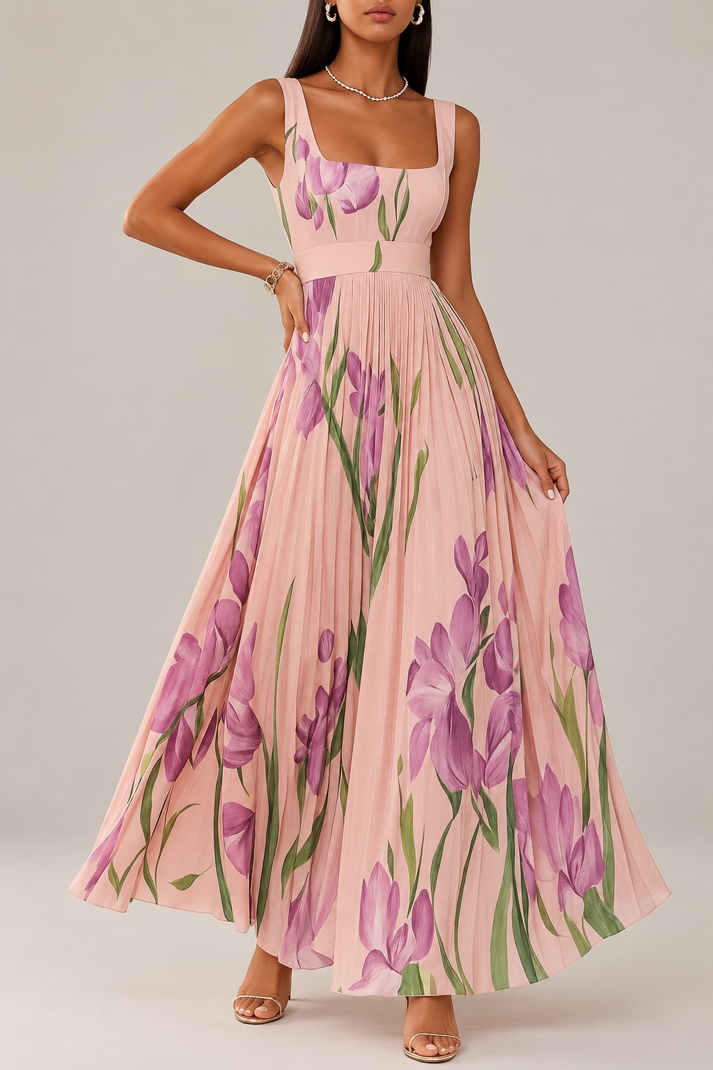 Floral Pleated Midi Dress with Square Neck - 4