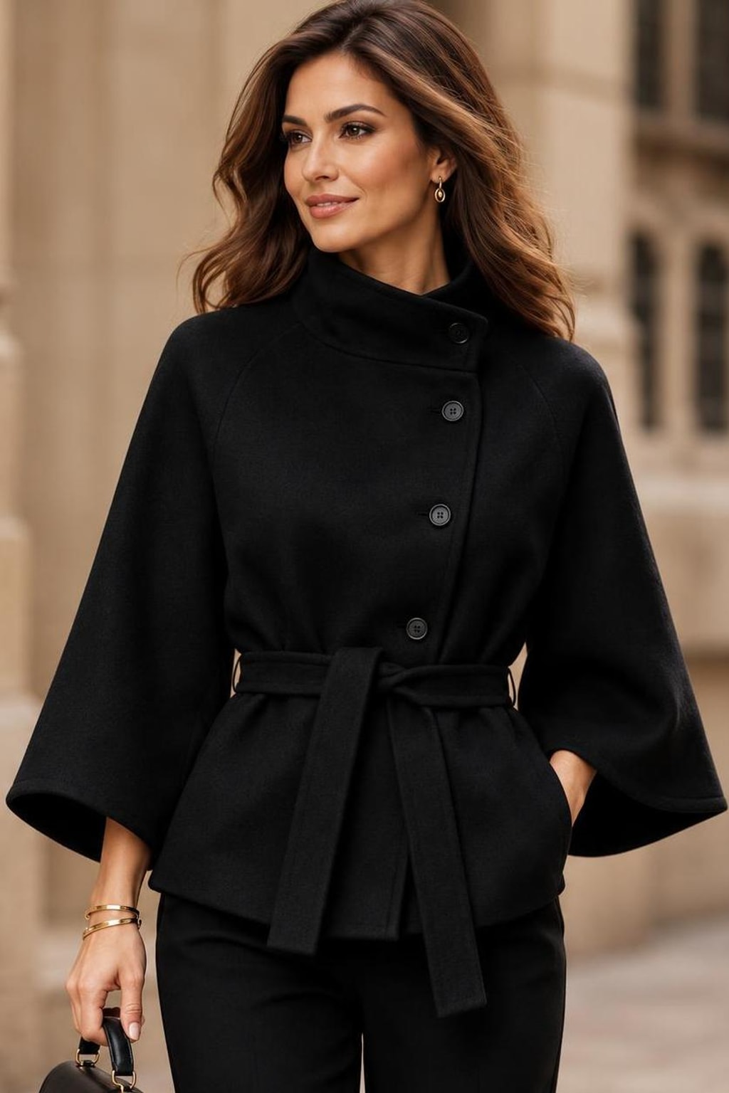 Polyester Tie-Belt Jacket With Stand-Up Collar - 6