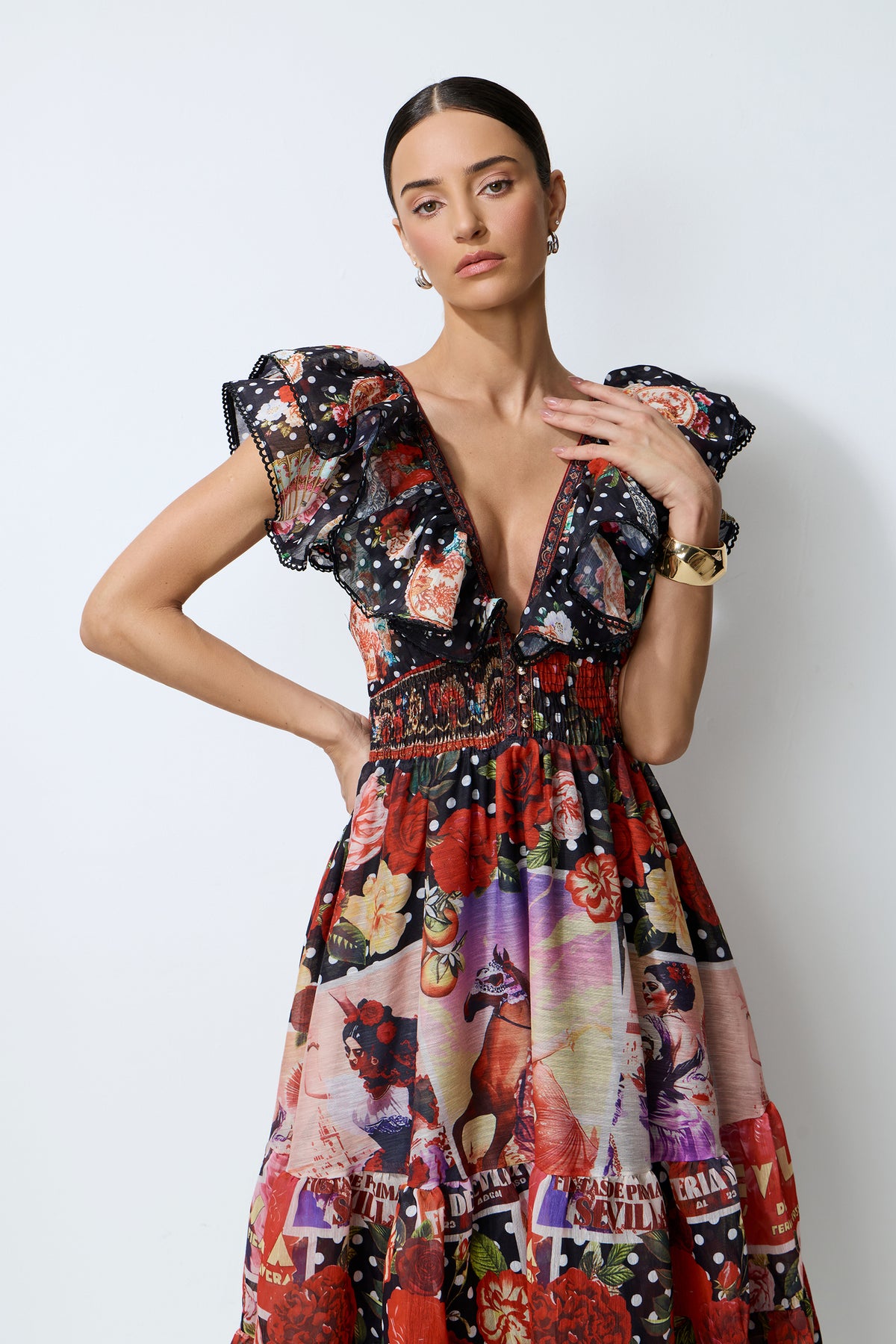 Red Floral Maxi Dress with Flutter Sleeves - view 3