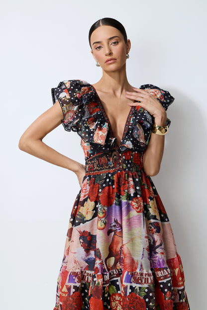 Red Floral Maxi Dress with Flutter Sleeves - view 3
