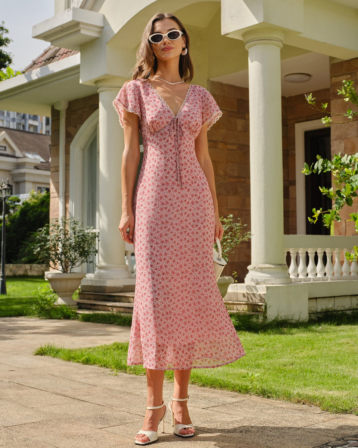 Pink Floral Lace Mermaid Midi Dress - view 5