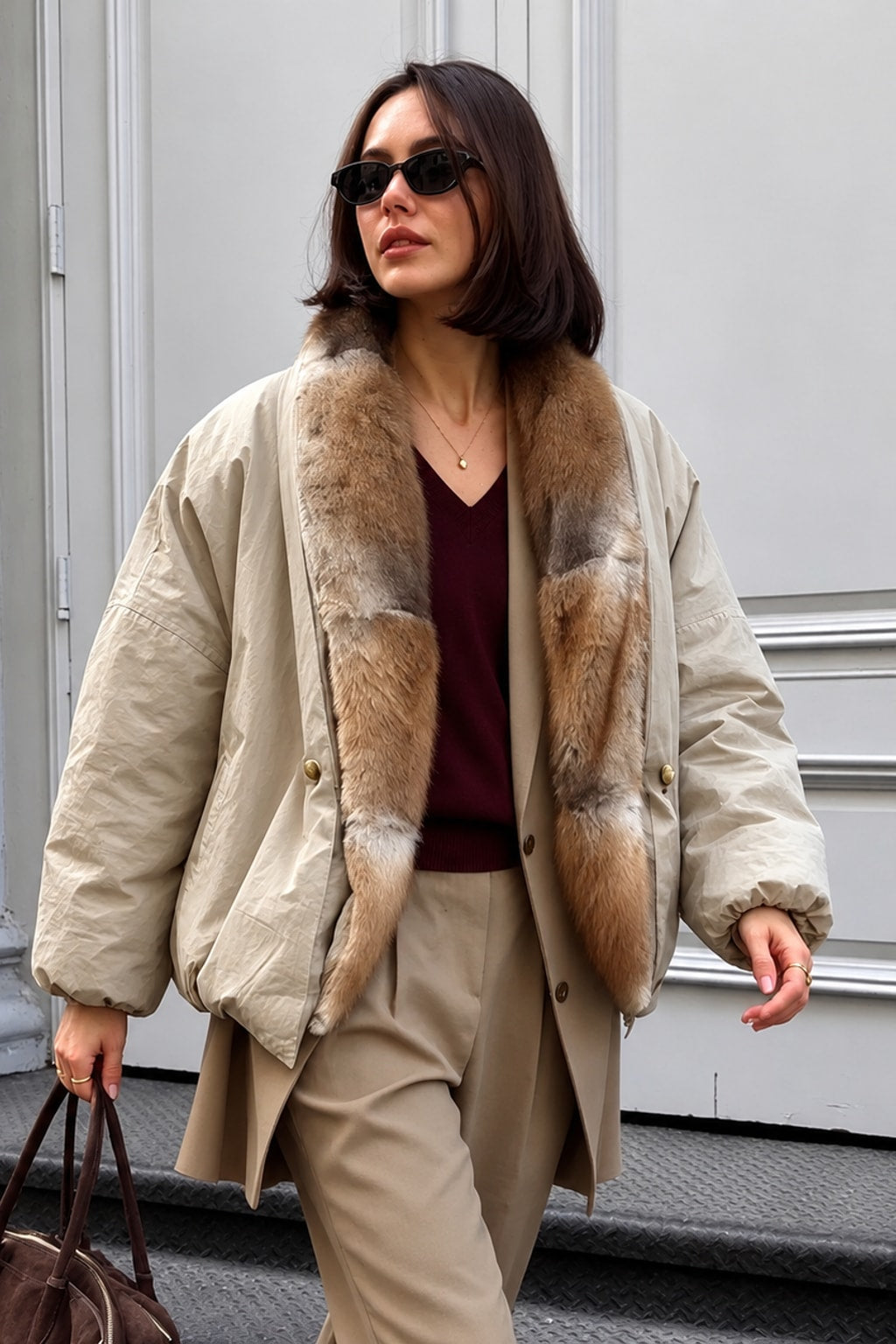 Blended Puffer Jacket Faux Fur Collar Oversized - 1