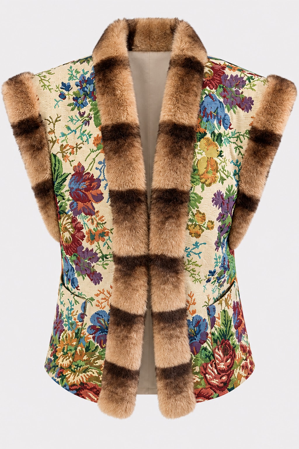 Floral tapestry sleeveless waistcoat edged in brown faux fur at the collar, front and armholes