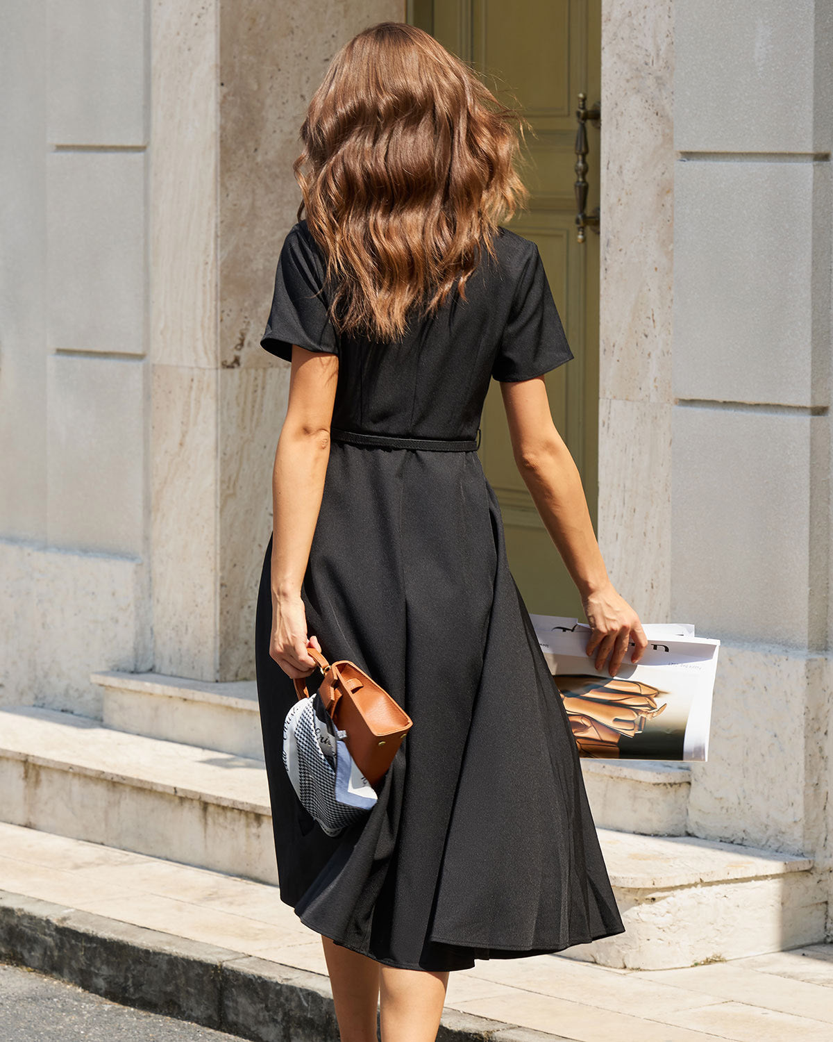 Black Belted A-Line Midi Dress with Sleeves - view 4