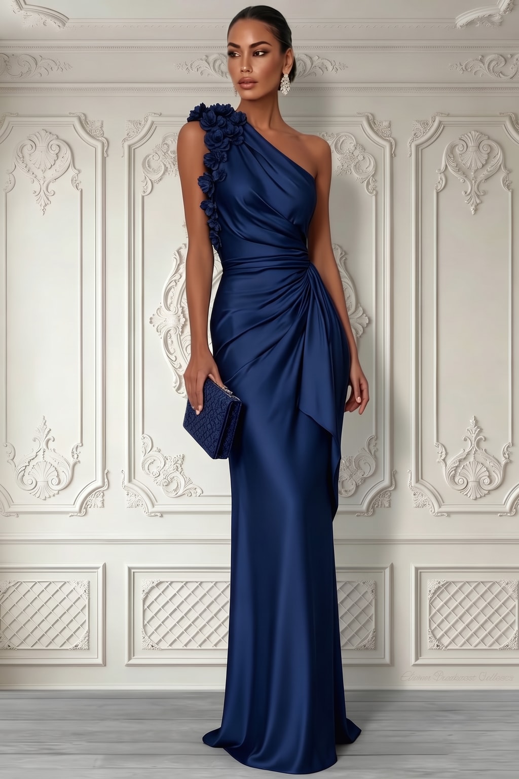 Satin Sheath Gown With Ruched One-Shoulder Bodice - 5