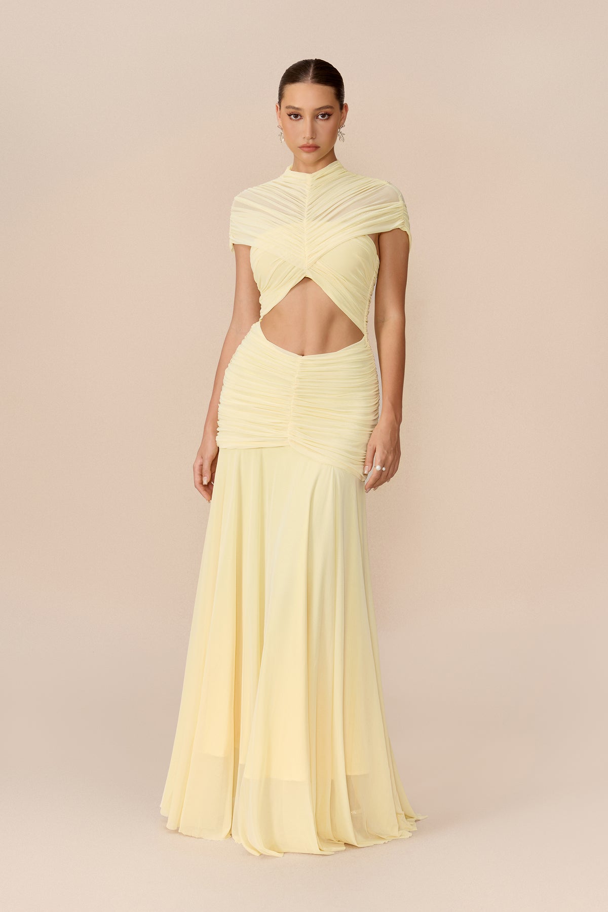 Yellow Chiffon Maxi Dress with Waist Cutout - view 2