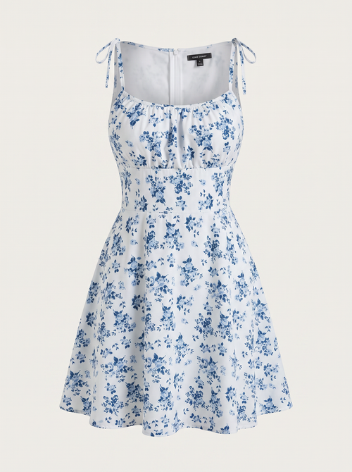 Blue Floral Tie-Strap Mini Dress