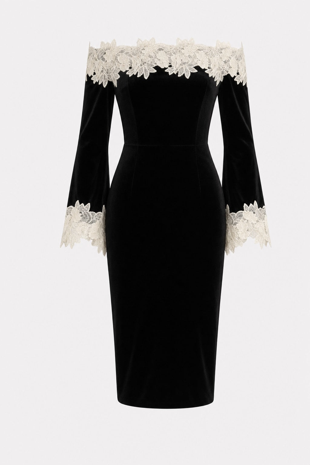 Velvet Lace Off-Shoulder Sheath Midi Dress - 1