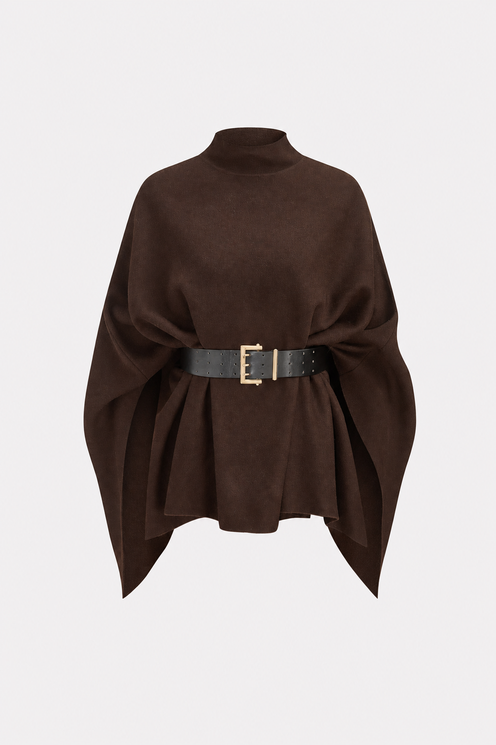 Dark Brown Belted Knit Cape Top with High Neck