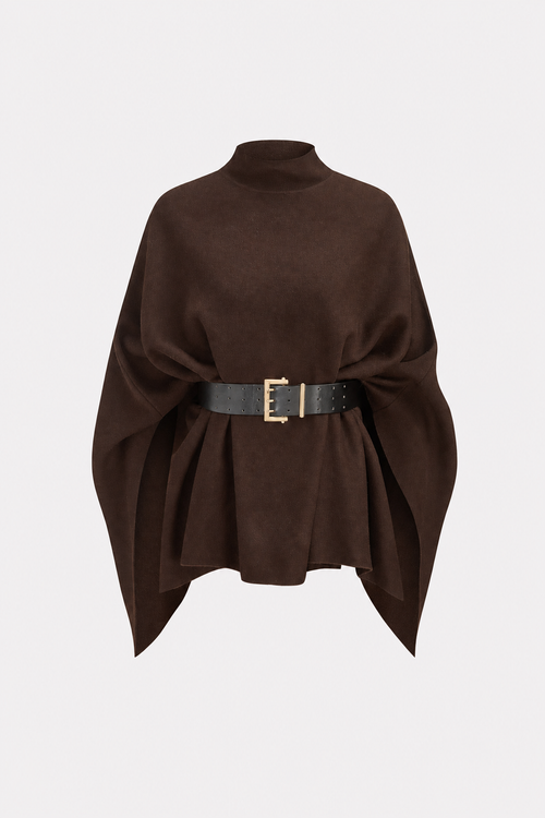 Dark Brown Belted Knit Cape Top with High Neck
