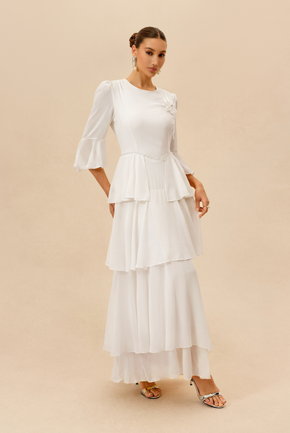 White tiered chiffon maxi dress with flared sleeves - view 2