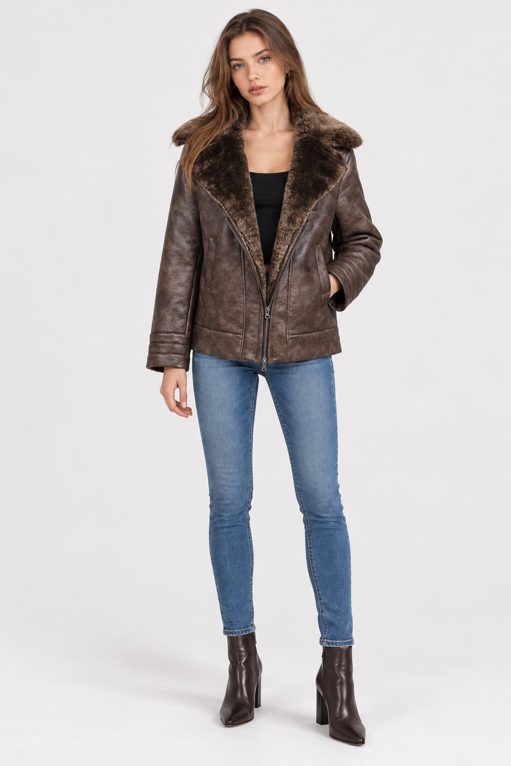 Faux Leather Jacket Furry Collar Slim Fit Coat - 2