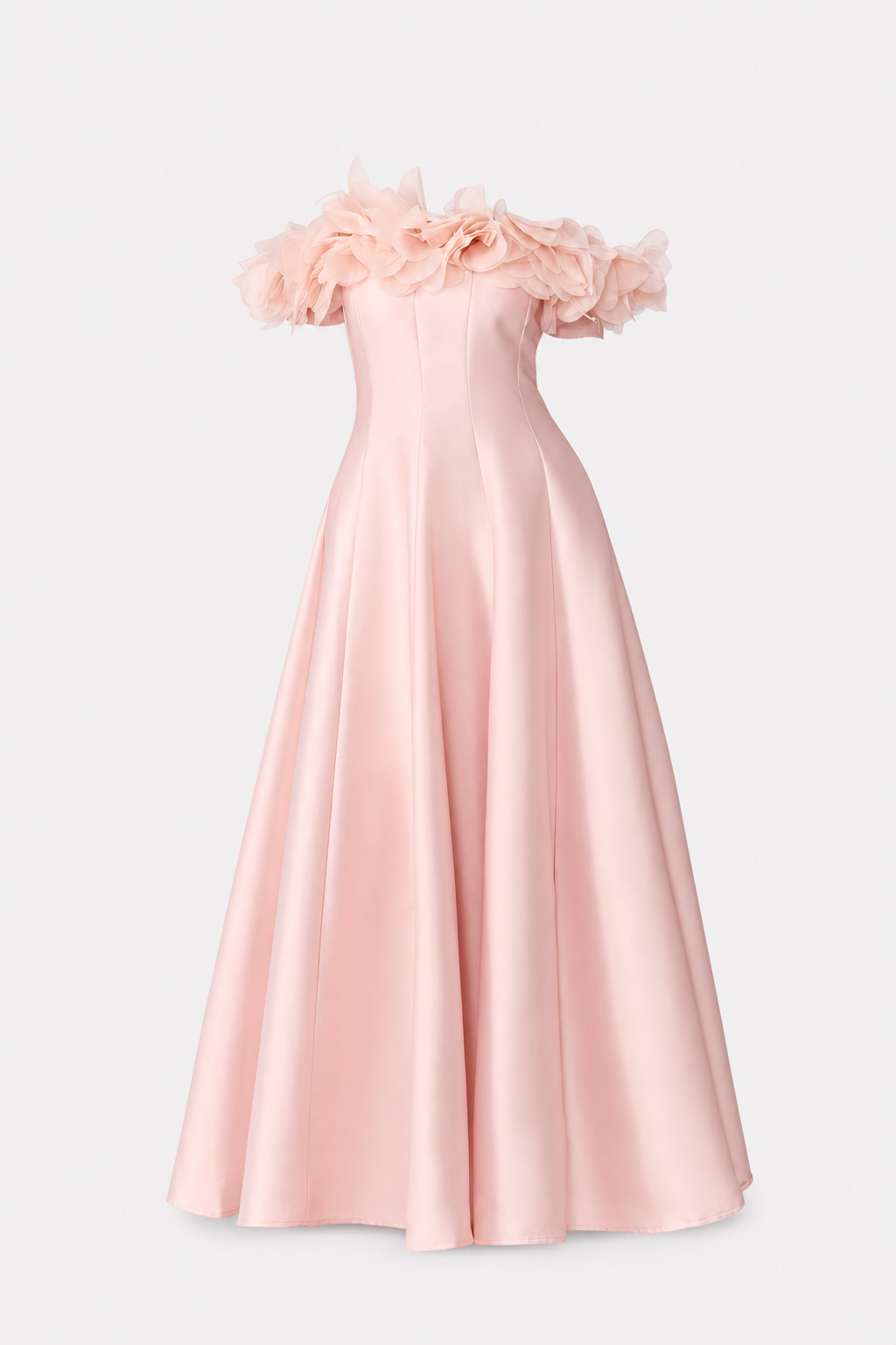 Pink satin off-shoulder maxi dress with floral trim