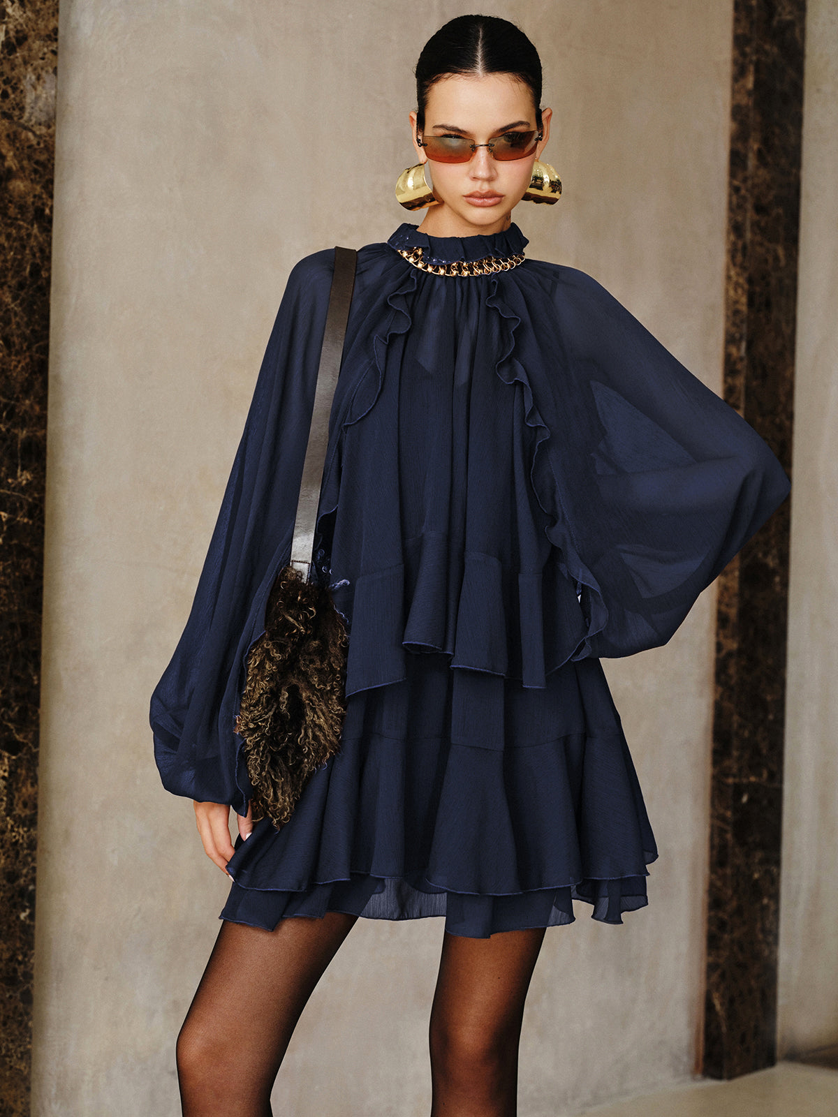 Chiffon Tiered Ruffle Mini Dress - 8