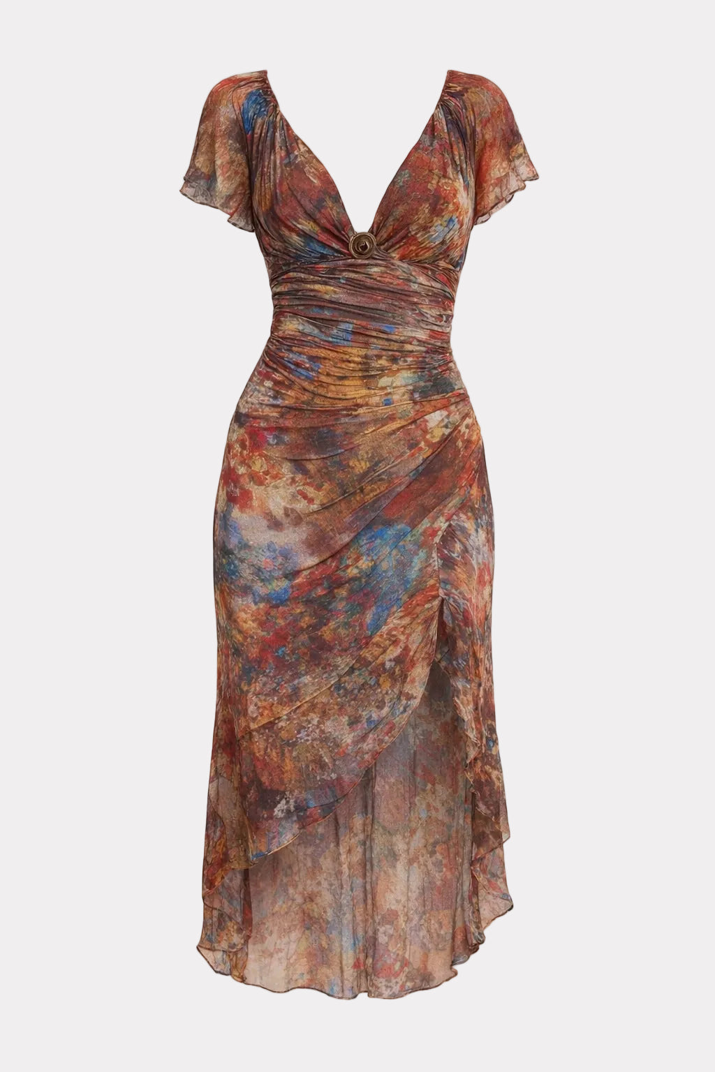 Lightweight Dusty Red Sleeveless Midi Dress with Ruched Waist - 1
