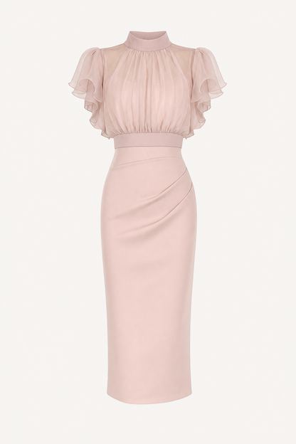Sheer ruffle sleeve top and ruched slip dress set