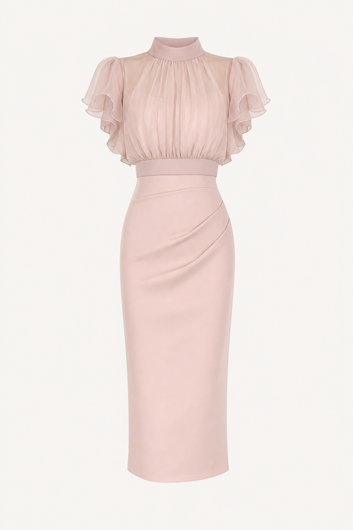 Sheer ruffle sleeve top and ruched slip dress set