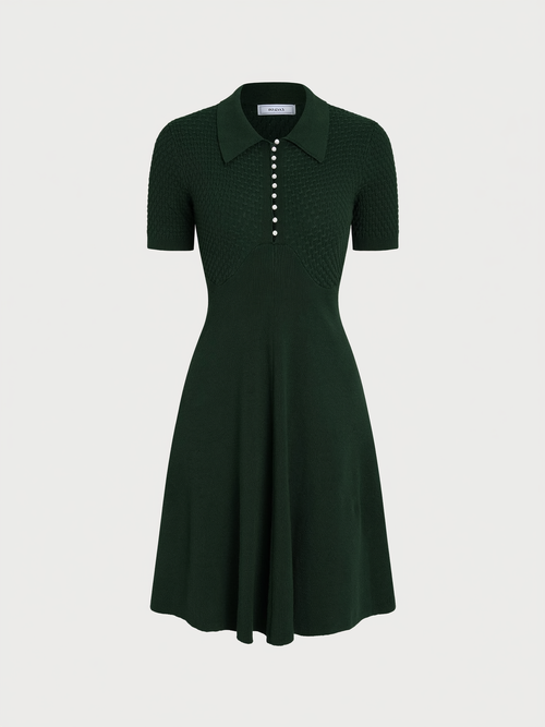 Green Cotton Knit Collared Mini Dress