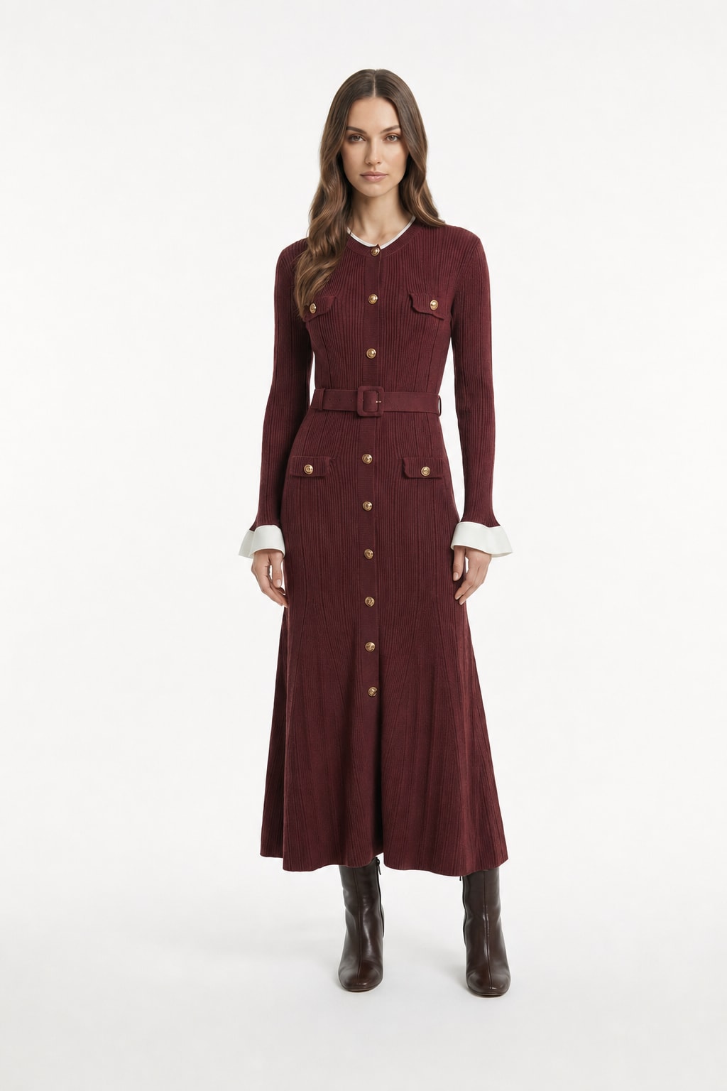 Acrylic Blend Belted Long-Sleeve Midi Dress - 5