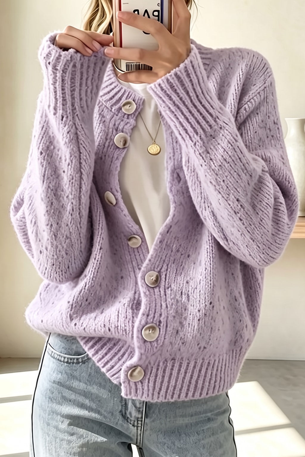 Knit Dot Print Long Sleeve Cardigan - 5