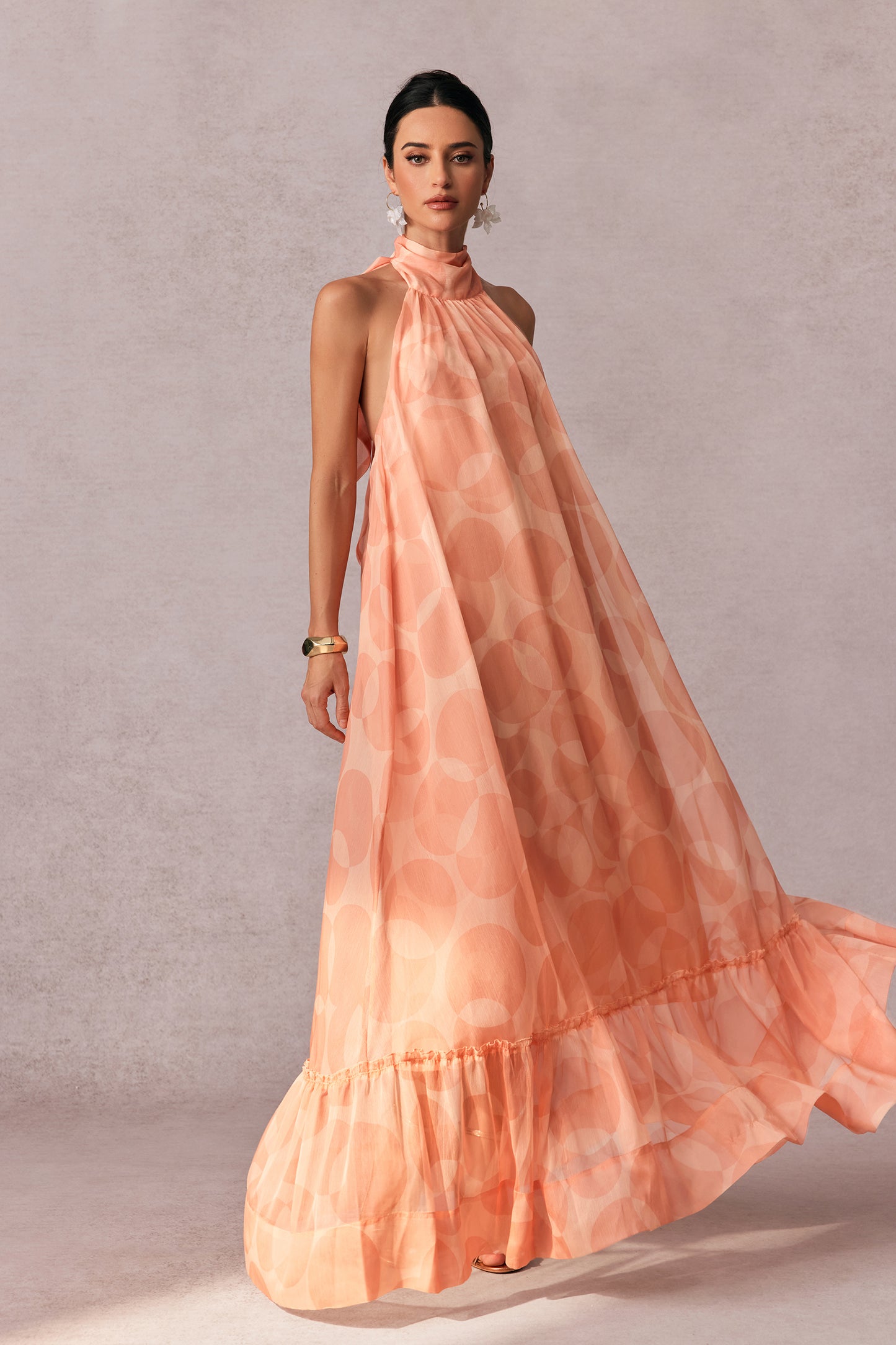 Pink Geometric Chiffon Halter Maxi Dress - view 3