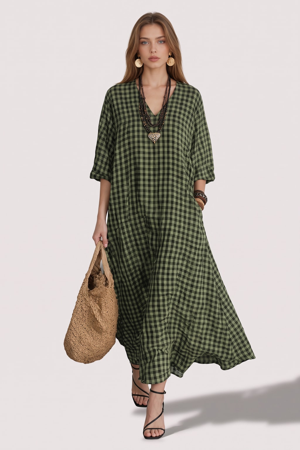 Polyester Maxi Dress Casual V-Neck Plaid Vintage Style - 3