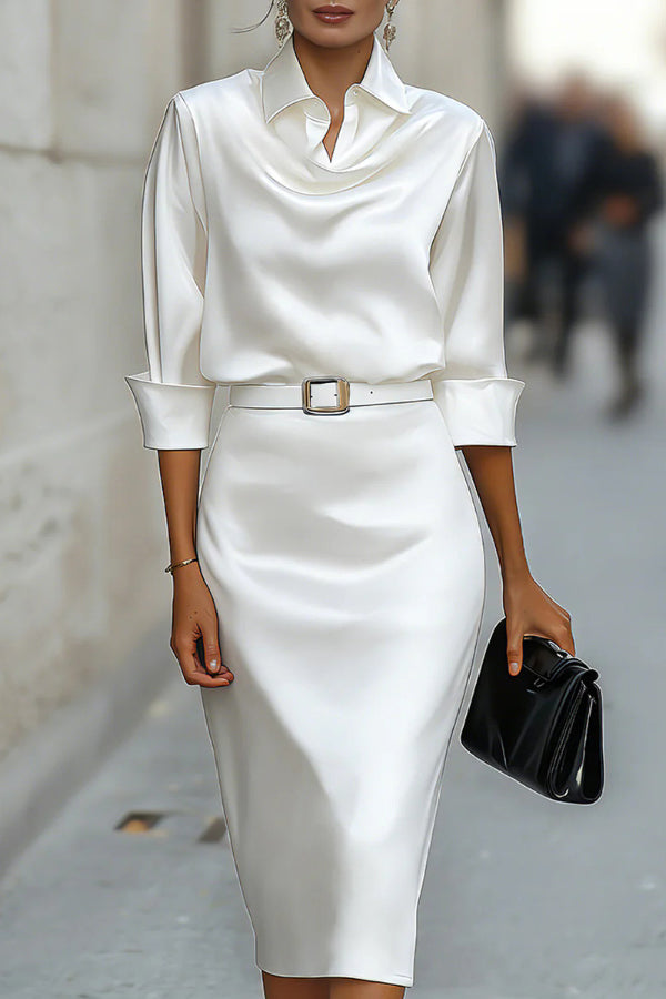 Satin midi dress with lapel collar and long sleeves - view 4