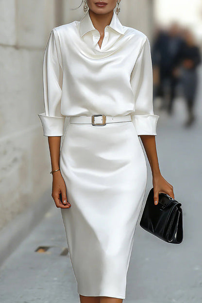Satin midi dress with lapel collar and long sleeves - view 4