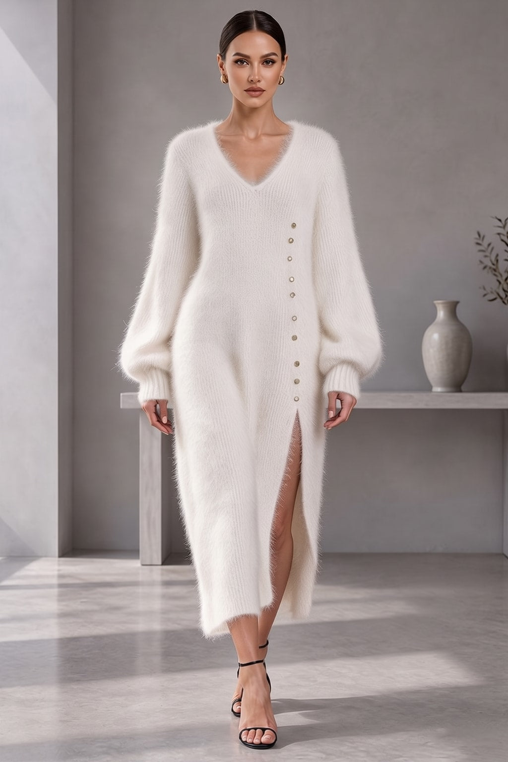 Knit Sweater Midi Dress With Balloon Sleeves - 2