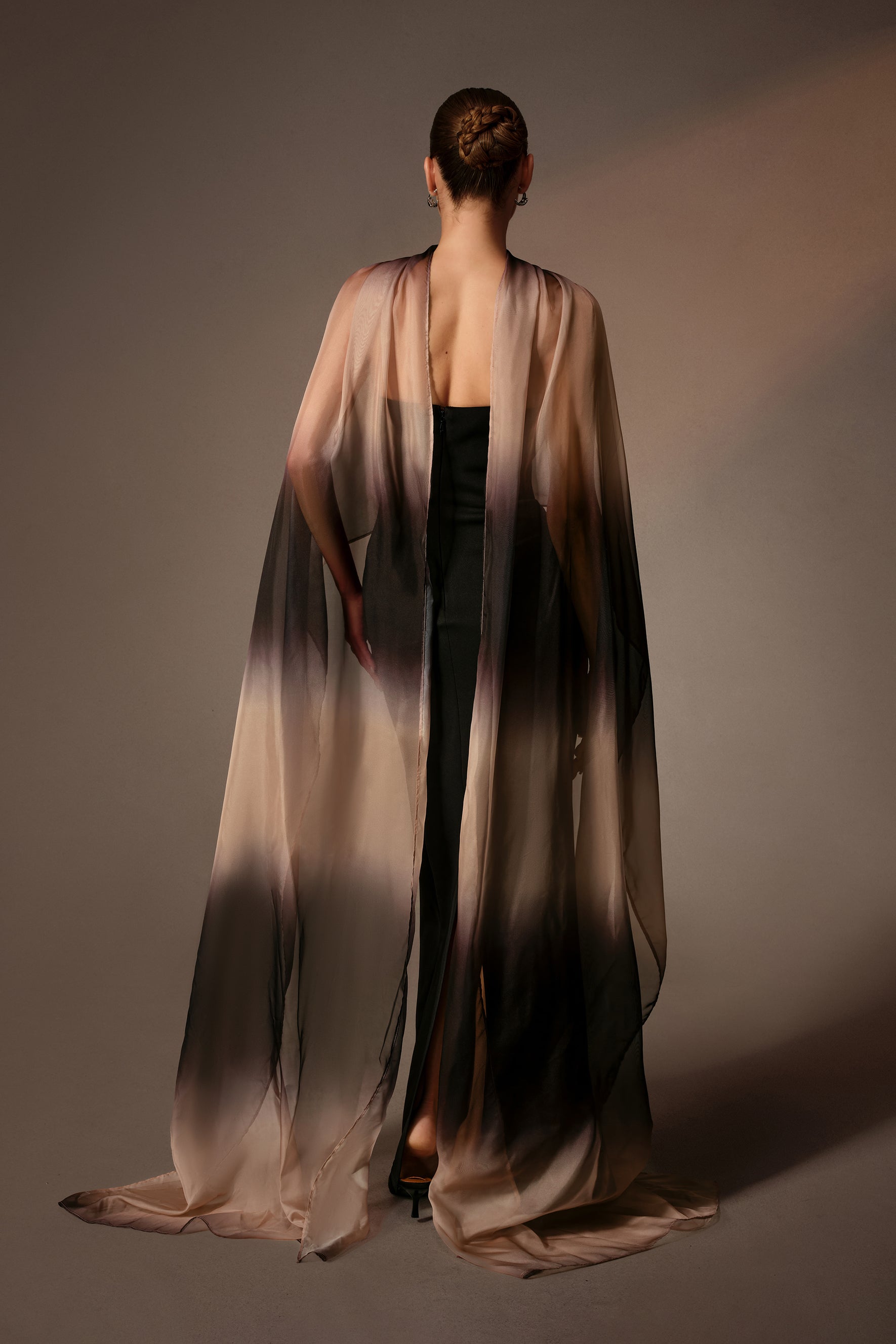 Black strapless maxi dress with sheer gradient cape - view 4