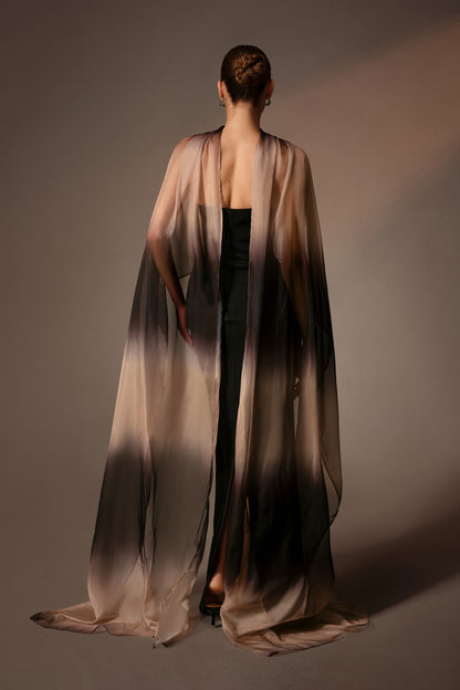 Black strapless maxi dress with sheer gradient cape - view 4
