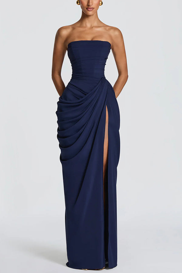 Strapless Chiffon Maxi Dress with Side Slit - view 4