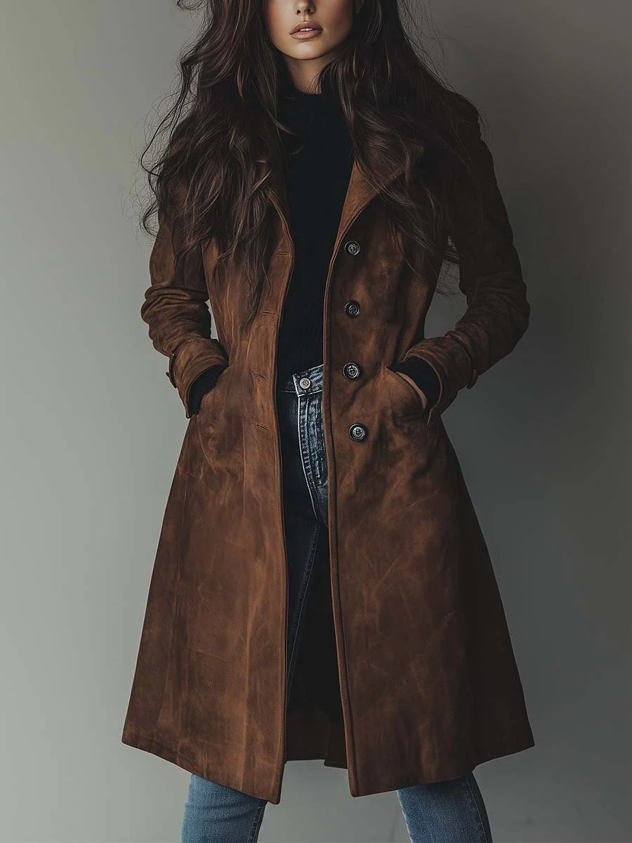 Faux Suede Longline Trench Coat with Pockets - view 5