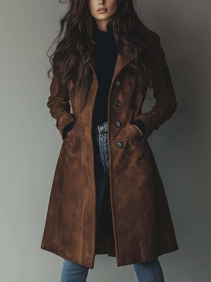 Faux Suede Longline Trench Coat with Pockets - view 5