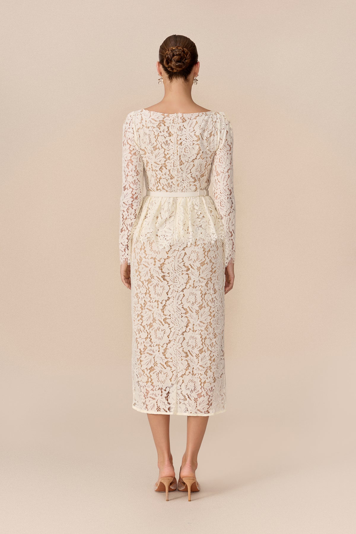 Floral Lace Midi Dress with Belted Lapel Collar - view 4