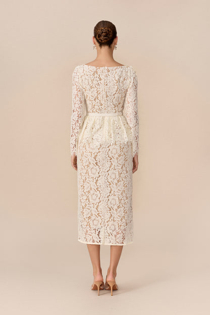 Floral Lace Midi Dress with Belted Lapel Collar - view 4