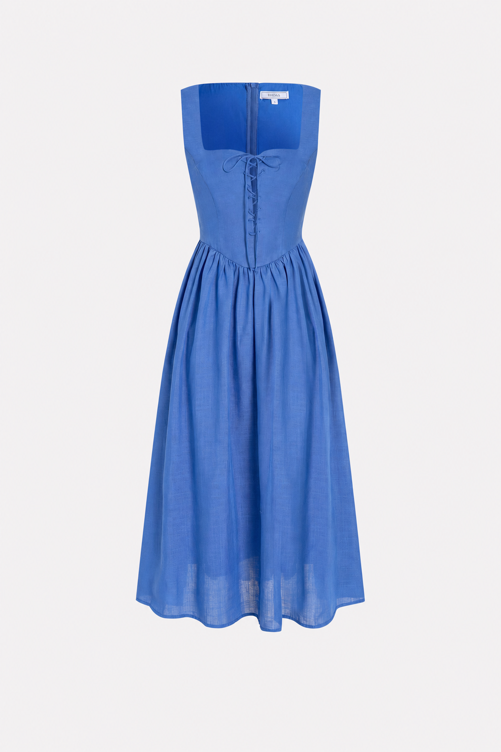 Blue square neck midi dress with tie waist and pockets