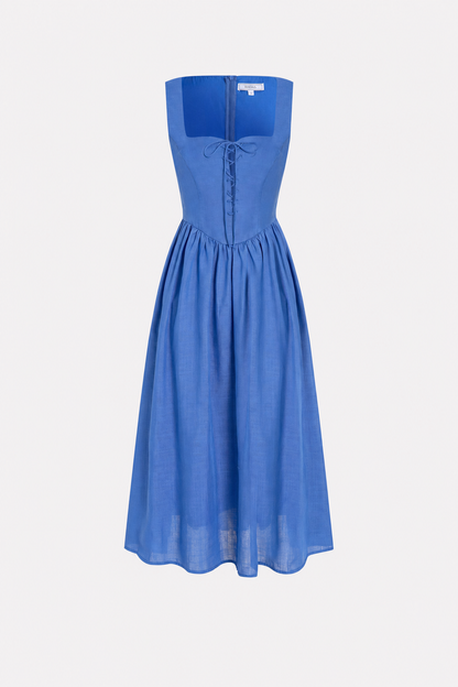Blue square neck midi dress with tie waist and pockets