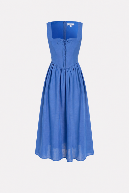 Blue square neck midi dress with tie waist and pockets